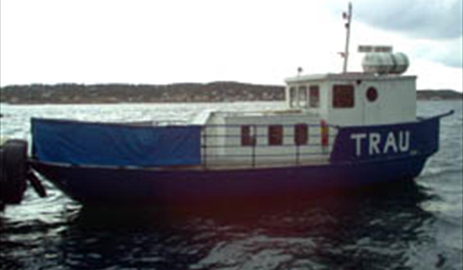 M/F Trau er en blå og hvit liten ferge som kjører i rute til Merdø utenfor Arendal