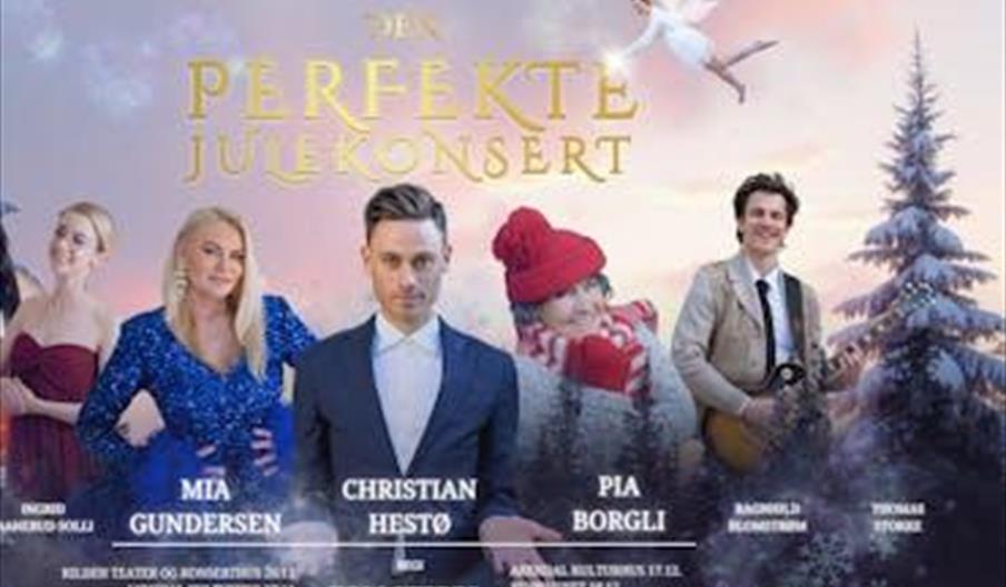 Plakat med ensemblet fra Den perfekte julekonsert med Christian Hestø, Mia Gundersen, Pia Borgli og flere.