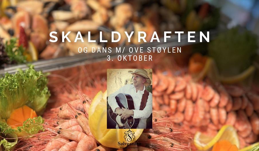 Bilde av diverse typer skalldyr på et buffetbord, og et lite bilde av artisten innfelt