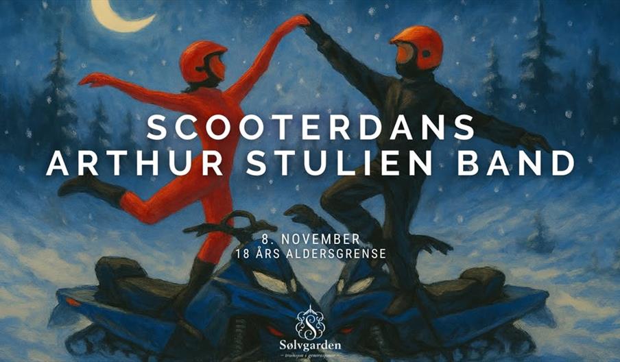 Maleri av to personer som står på hver sin snøscooter og holder hverandre i hendene.