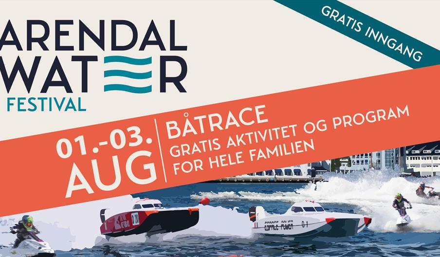 plakat for Arendal waterfestival med kjappe racerbåter og vannscootere