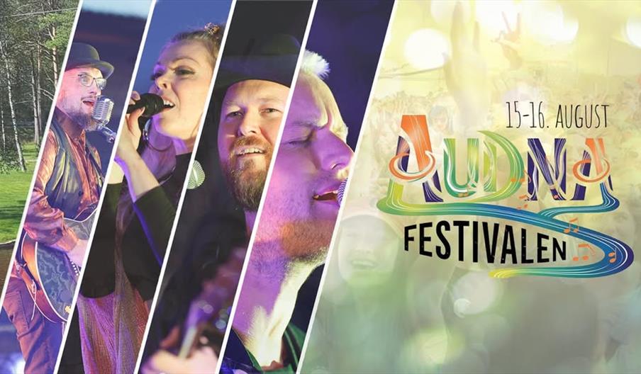 Montasje av artister på scenen og publikum i festivalstemning. Til høyre vises teksten “15.–16. august” og logoen til Audnafestivalen i fargerik stil med noter og bølgende linjer.