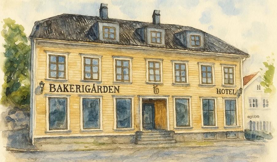 Tegning av Bakerigården Hotel sett fra utsiden