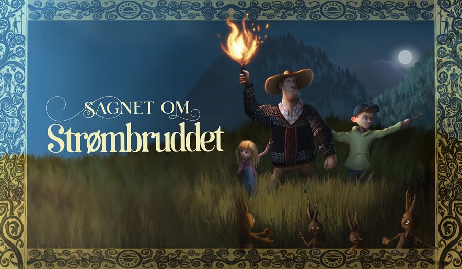 barnebokomslag for Sagnet om strømbruddet. på bilde ser man en liten jente og en gutt som holder i en mann med en fakkel, mørke natta med fullmåne og fjell ibakgrunnen.