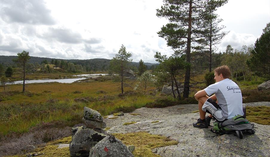Bilde av en mann som sitter på sekken sin og ser ut mot landskapet med vanndam