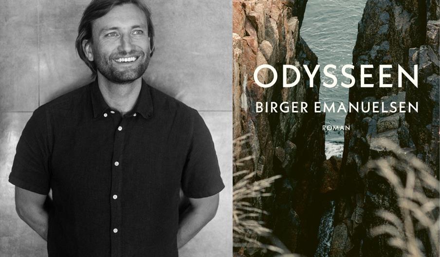 forfatter Birger Emanuelsen og hans bok Odysseen. på coveret ses en dyp fjellkløft hvor man ser havet i mellom.