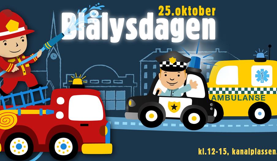 tegnet plakat for Blålysdagen 2025 med rød brannbil, gul ambulanse og svart hvit politibil.