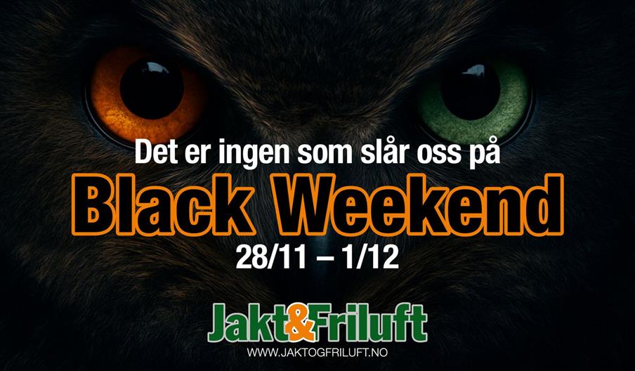 plakat holdt i svart til Black weekend hos Jakt og Friluft med ugleøyne på.