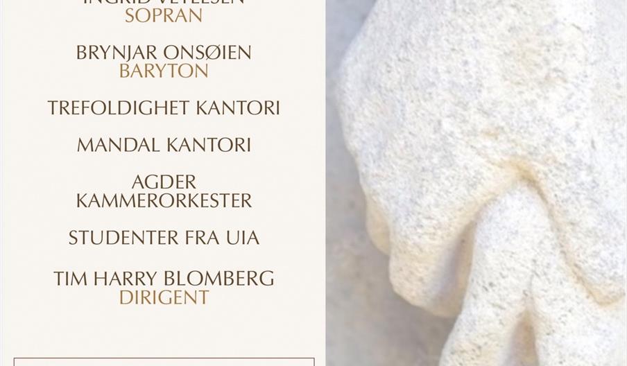 plakat for Brahms requiem, konsert i Trefoldighetskirken i Arendal. skulptur i stein av to hender.