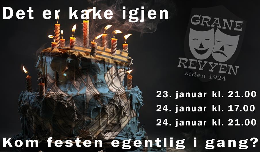 revyplakat for Granerevyen 2026 med bilde av en kake med brennende lys på. Plakatteksten er: Det er kake igjen. Kom festen egentlig i gang?