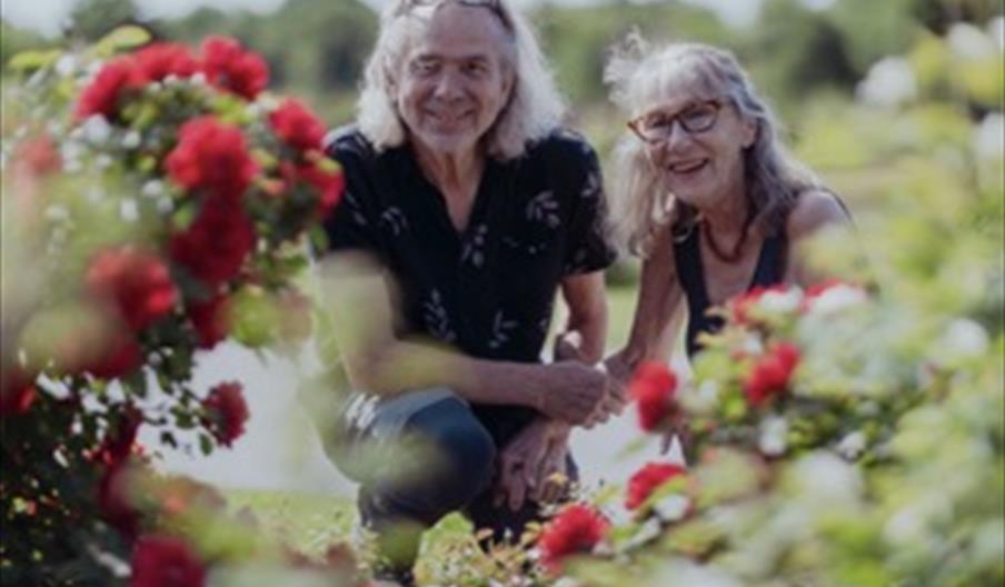 et eldre ektepar som ser på røde blomster