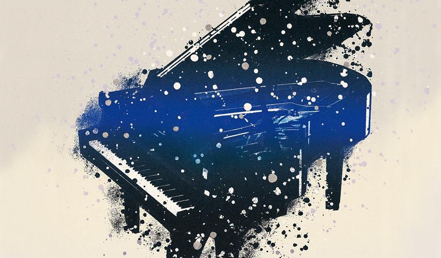bilde av plate coveret til Bugge Wesseltofts juleplate It_s snowing on my piano med tegning av et svart flygel med snø som daler ned på det.
