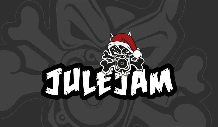 julejam plakat holdt i svart hvitt med dødningshode med gassmaske og nisselue.