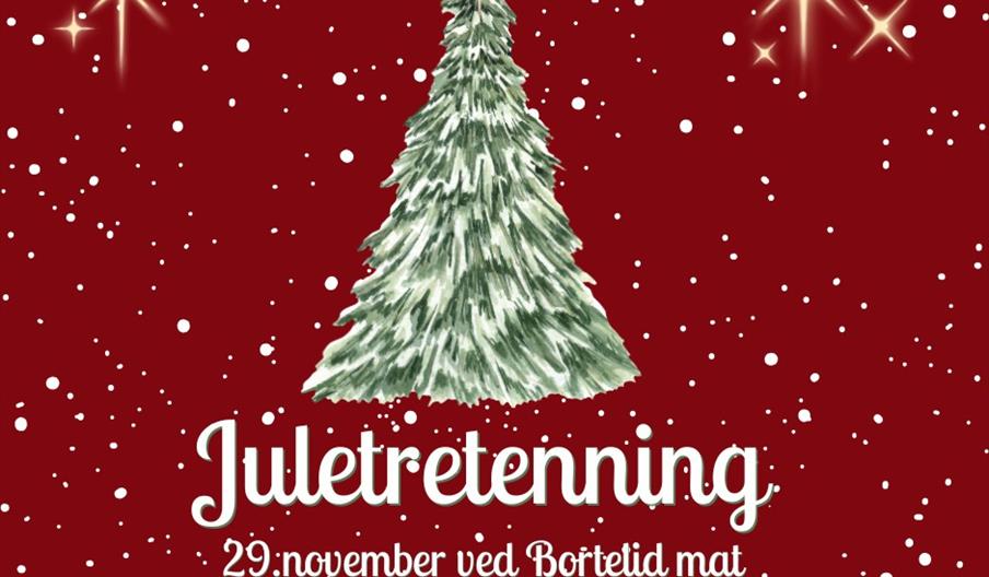 Tegnet plakat med grønt juletre på rød bakgrunn med stjerner