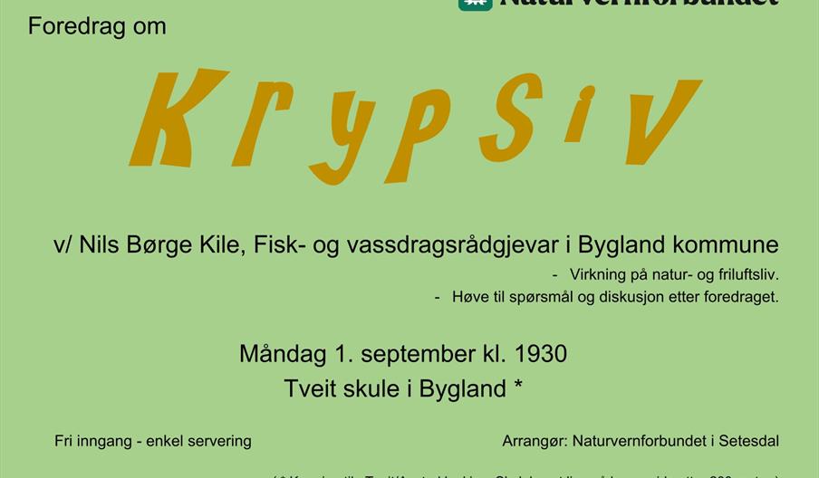 Grønn plakat fra Naturvernforbundet med stor overskrift Krypsiv