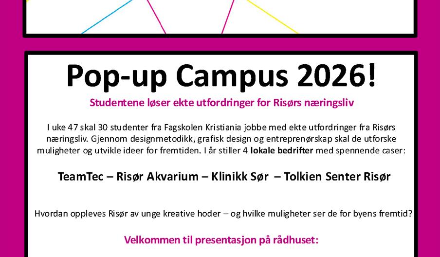 Plakat som ønsker velkommen til presentasjoner av ideer som har oppstått under Pop-up uken til BeyondRIsør. Velkommen den 20. november kl12.00 på Rådhuset