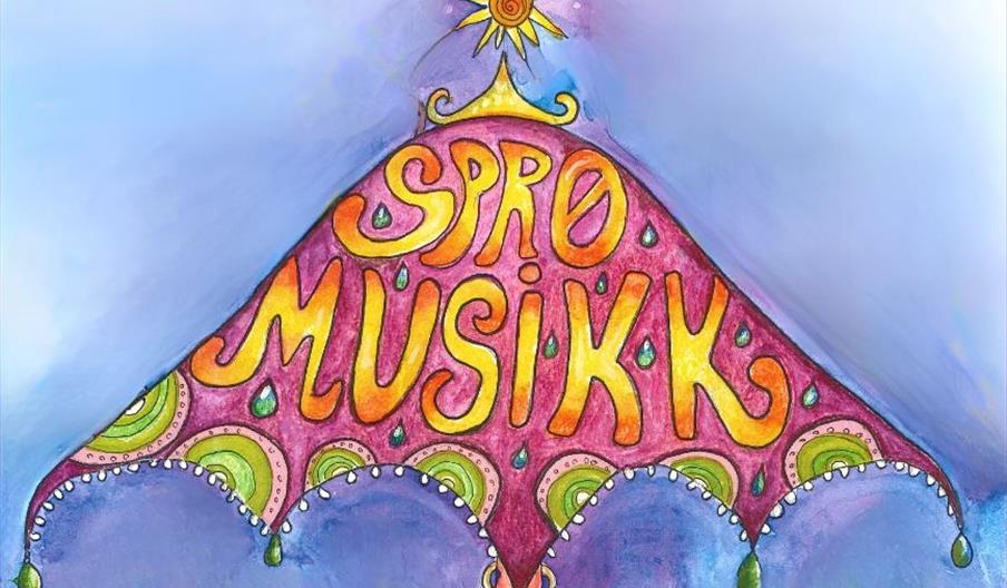 tegning av en paraply som det står "sprø musikk" på mot en blå bakgrunn.