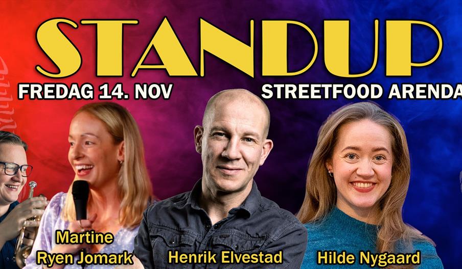 Stand up plakat med fem komikere