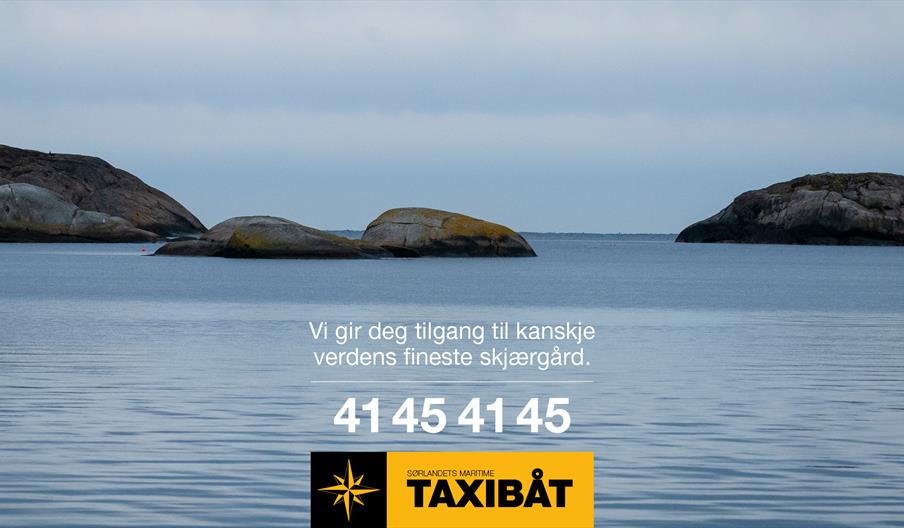 Plakat for Taxibåt i Tvedestrand skjærgård.