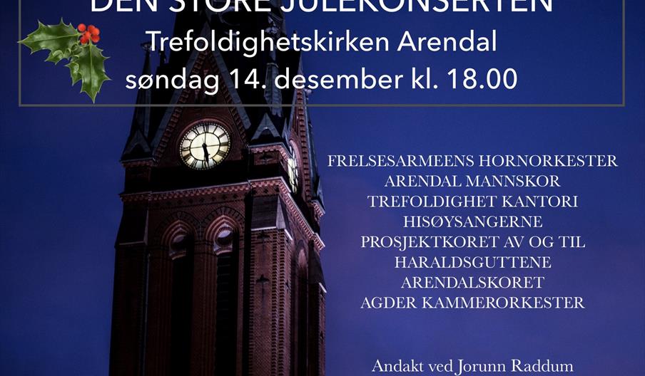kirketårnet til Trefoldighetskirken i Arendal mot en mørkeblå nattehimmel og infotekst om julekonsert
