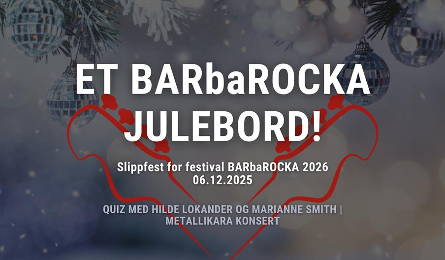 plakat for et BARbaRocka julebord holdt i gråtoner med noen små discokuleaktige julekuler i en gran og to gitarhalser tegnet med rødt.