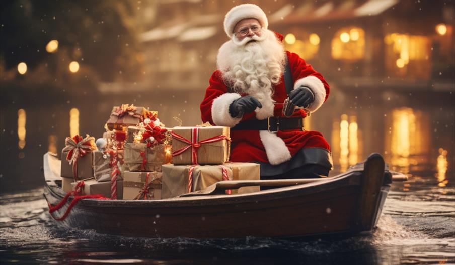 AI generated image of santa and a boat full of gifts