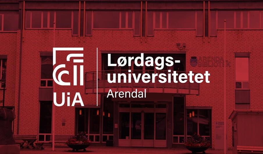logo til lørdagsuniversitetet uia arendal med arendal bibliotek i bakgrunnen