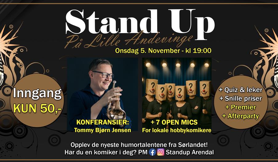 plakat for open mic stand up på Lille Andevinge i Arendal.