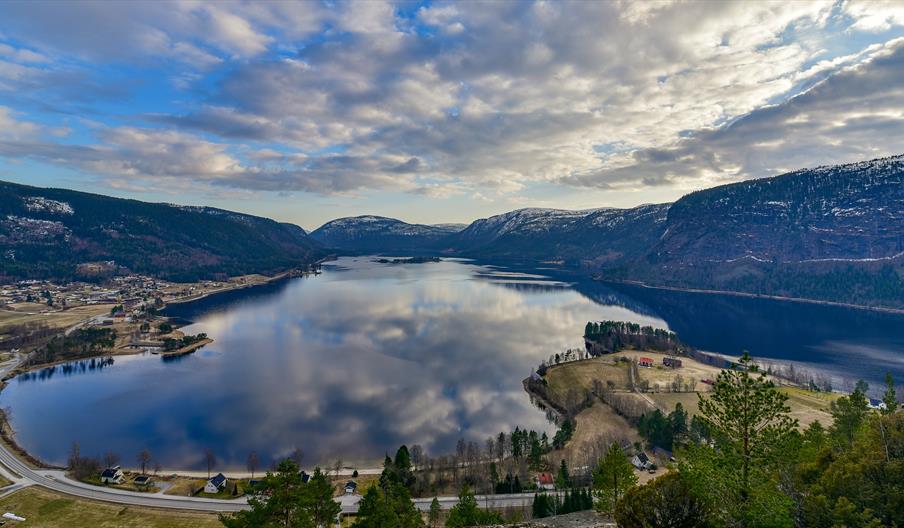 Drone photo over  Prestneset. bobilcamp, Bygland, Setesdal