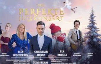 Plakat med ensemblet fra Den perfekte julekonsert med Christian Hestø, Mia Gundersen, Pia Borgli og flere.