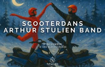Maleri av to personer som står på hver sin snøscooter og holder hverandre i hendene.