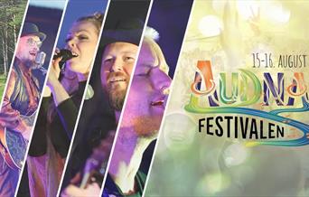 Montasje av artister på scenen og publikum i festivalstemning. Til høyre vises teksten “15.–16. august” og logoen til Audnafestivalen i fargerik stil med noter og bølgende linjer.