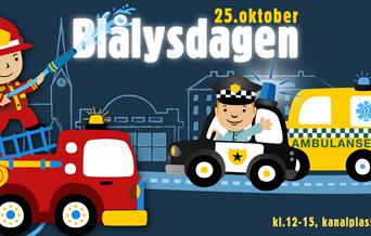 tegnet plakat for Blålysdagen 2025 med rød brannbil, gul ambulanse og svart hvit politibil.