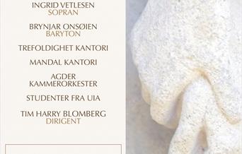 plakat for Brahms requiem, konsert i Trefoldighetskirken i Arendal. skulptur i stein av to hender.