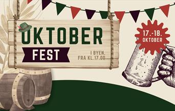 tegnet plakat for Den STORE Oktoberfesten i Arendal sentrum med seidel i hånd og to ølfat og festlige trekantflagg.