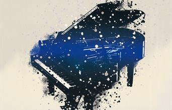 bilde av plate coveret til Bugge Wesseltofts juleplate It_s snowing on my piano med tegning av et svart flygel med snø som daler ned på det.