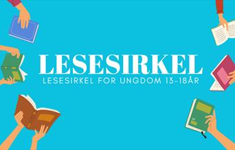 plakat for lesesirkel for ungdom. lyseblå bagrunn, seks hender meg hver sin bok i.