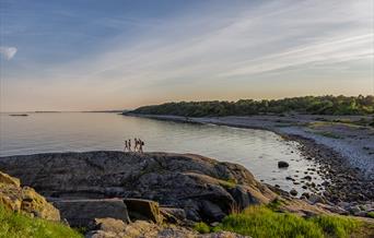 4 herrer på vei over svabergene i raet nasjonalpark ved Spornes strand på Tromøy utenfor Arendal for å ta morgenbad i mai.