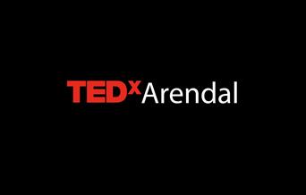 plakat for TEDxArendal: svart bakgrunn med rød skrift TEDX og hvit skrift Arendal