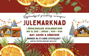 Plakat på rød bunn med julemotiver og informasjon om julemarkedet