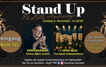 plakat for open mic stand up på Lille Andevinge i Arendal.