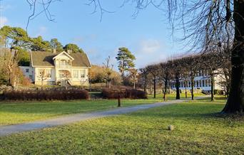 Park med mange trær og et stort trehus
