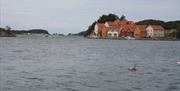 Moderne feriehus i forskjellige farger ved havet.