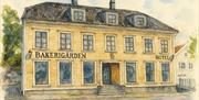 Tegning av Bakerigården Hotel sett fra utsiden