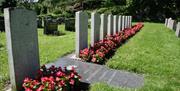 gravstener på rekke med røde blomster i front