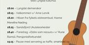 Plakat med detaljert program for Eldrekraften – Det grå gullet i Lyngdal kulturhus torsdag 23. oktober kl. 18–21.
Viser rekkefølgen av innslag som Lyngdal demenskor, foredrag ved Rune Ramsli fra Pensjonistforbundet, Farsund og Lyngdal seniordans, utdeling av «Årets oppmerksomhet» og avslutning ved kommunalsjef Ingunn Skretting.
Designet i varme farger med ukuleleillustrasjon i høyre kant.