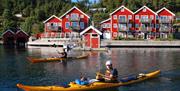 To stykker i hver sin gul kajakk i vannet med røde bygninger bak