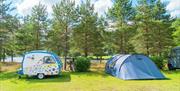 Liten søt blomstrete campingvogn og et telt