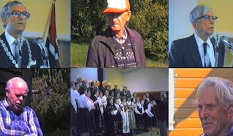 Collage av historiske filmopptak fra frigjøringsjubileet i Lyngdal i 1985, med taler, kor og lokale tidsvitner som deltok i markeringen. Collage av historiske filmopptak fra frigjøringsjubileet i Lyngdal i 1985, med taler, kor og lokale tidsvitner som deltok i markeringen.