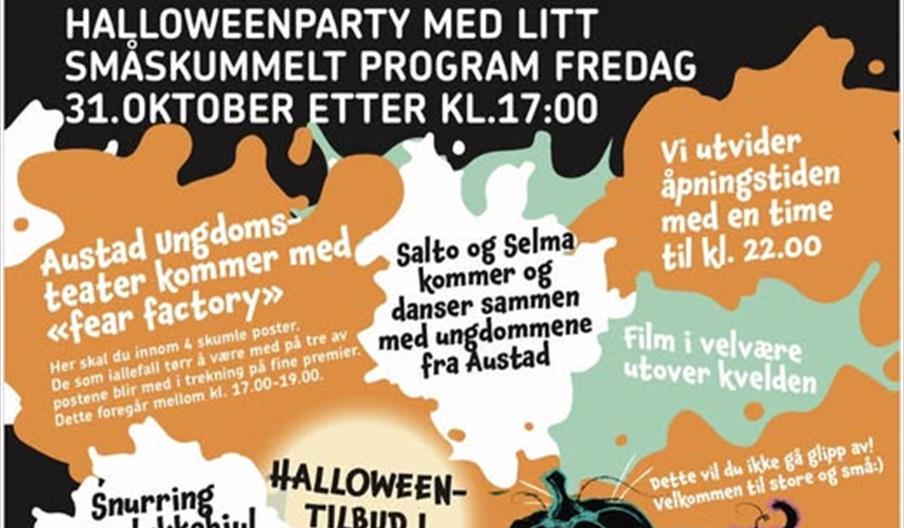 Halloweenplakat for Sørlandsbadet med fargerike gresskar, program og aktiviteter for barn og familier. Halloweenplakat for Sørlandsbadet med fargerike gresskar, program og aktiviteter for barn og familier.